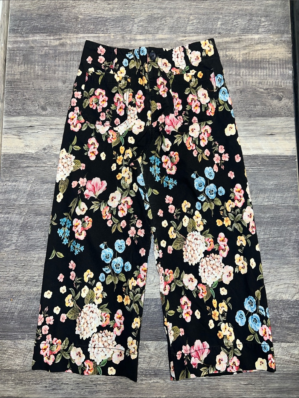Anthropologie Maeve Colette Black Floral Wide Leg Pants 31P Petite